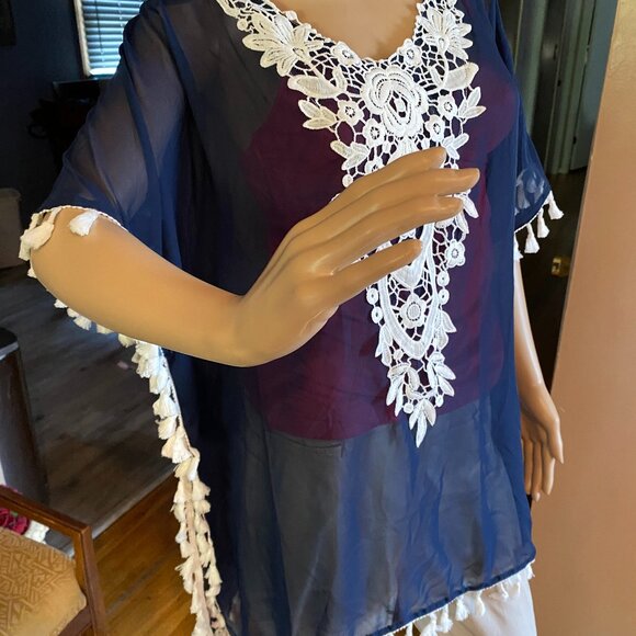 Navy Blue/Lace Swim Beach Pool Cover Up NWOT Size L/1X - Picture 3 of 7
